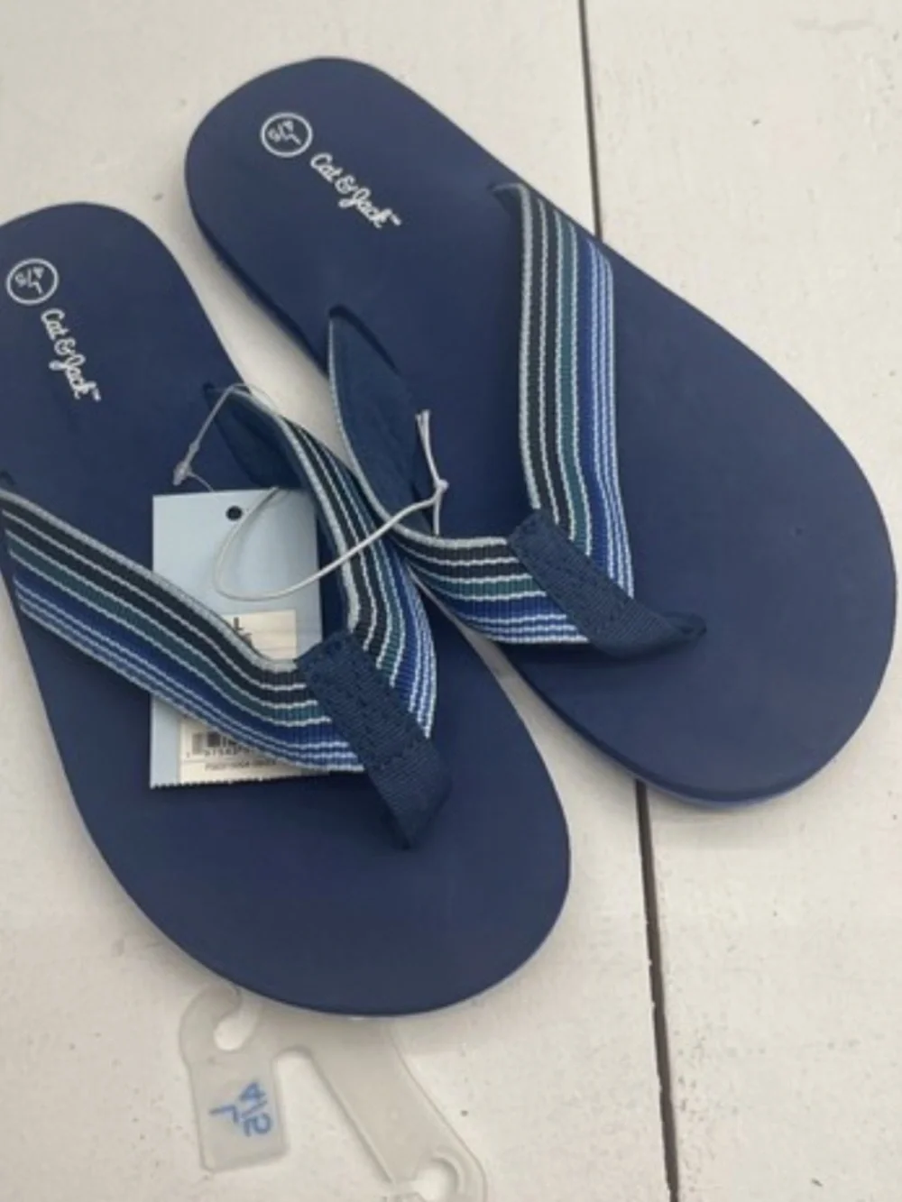 Cat & Jack Navy Blue Flip Flop Sandals with Striped Fabric Straps